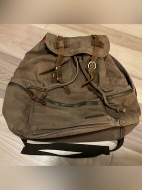 Brown Augur Strauss Canvas Drawstring Backpack with Leather Accents